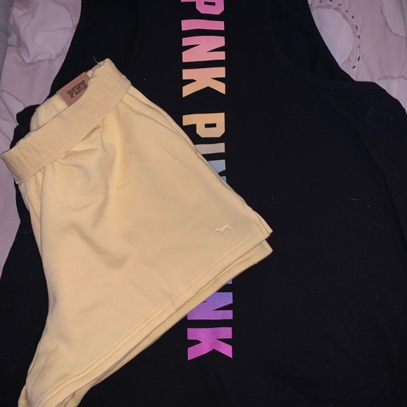 VS Pink SET Black Gradient Rainbow Tank & Matching Yellow Tulip 3” Shorts - Picture 4 of 6